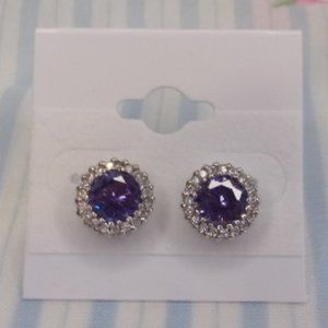 Sterling Purple Gem Halo Stud Pierced Earrings